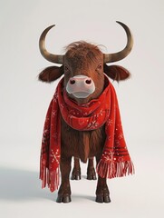 Bring a fresh perspective to the traditional image of an ox in a Christmas scarf by creating a photorealistic CG 3D rendering in a wide-angle view Ensure utmost attention to detail