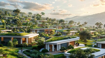 An eco-friendly village nestled amidst rolling hills and equipped with solar-powered...