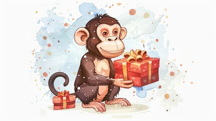 Capture a panoramic view style clipart featuring a cheerful monkey