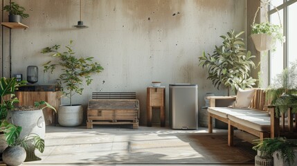An eco-friendly living room with furniture made from reclaimed materials, potted plants, and a visible compost bin, with a blank wall in the background for text or graphics