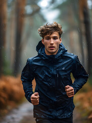 Obraz premium Young man exercising in nature running on a dirt road between trees, summer concept vacation concept holidays