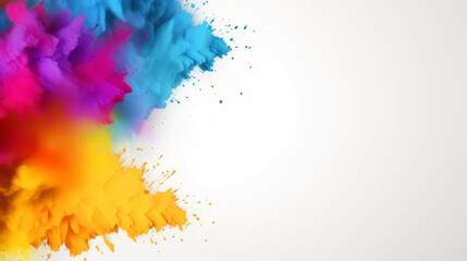 A colorful explosion of paint is splattered across a white background. The colors are bright and vibrant, creating a sense of energy and excitement