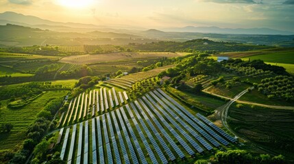 An aerial view of a sprawling rural landscape dotted with solar farms and eco-friendly residences, with open space available for text or graphics showcasing renewable energy initiatives