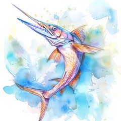 the essence of underwater beauty with a vibrant, long shot watercolor clipart featuring a marlin, its scales shimmering in the soft white light