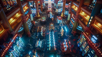 Fototapeta premium Aerial view of a casino full of slot machines, casino concept, gambling, slots concept
