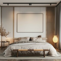 Black border frame mockup,Modern apartment hanok style bedroom,Wall frame mockup,3D render,