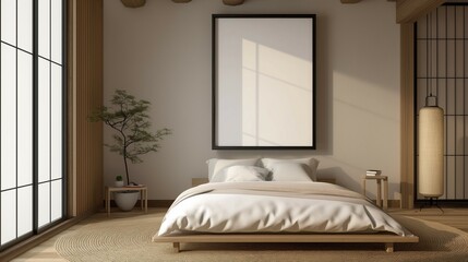 Black border frame mockup,Modern apartment hanok style bedroom,Wall frame mockup,3D render,