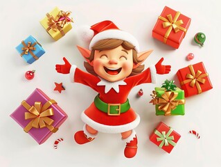 A happy elf is surrounded by beautifully wrapped presents