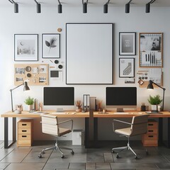 A desk with two computers and a picture frame on the wall used for printing lively attractive.