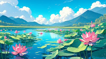 Fototapeta premium Illustrations of the twenty-four solar terms and the beginning of summer, national trend Chinese style lotus landscape background illustrations