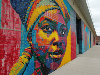 The colorful mural, portrait of woman, with its textured and mosaic-like effect, reflects the depth of history and emotion tied to the observance of Juneteenth