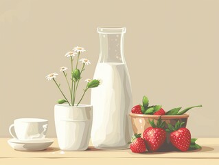 Fresh milk in rustic setting flat design side view farmtotable theme cartoon drawing Analogous Color Scheme