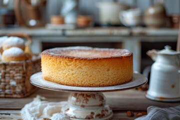 Naklejka premium Homemade Sponge Cake on Vintage Stand in Rustic Kitchen