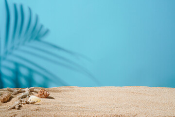 Summer Background Concept, Palm Leaf Shadow on Blue Background