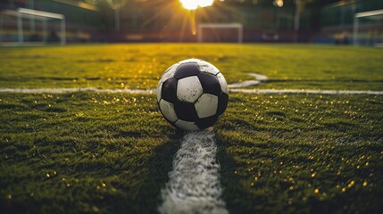 textured free soccer field in the evening light - center, midfield with the soccer ball