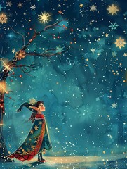 A young elf gazes up at a starry night sky in wonder. The stars are reflected in his eyes. The scene is peaceful and magical.