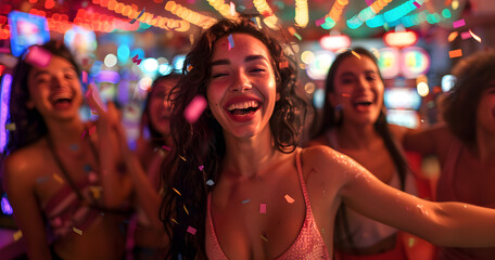 Group of women happy because they have won in a casino machine, casino concept, gambling, slots concept