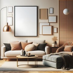 A living Room with a mockup poster empty white and with a couch and a picture frame art image art image realistic.