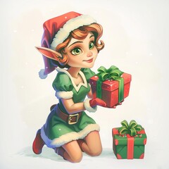 A cute Christmas elf girl with red and green outfit and hat kneels on the ground and offers a red and green present.