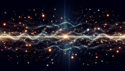Horizontal background with glowing quantum particles on a dark background