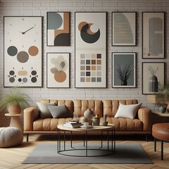 A living Room with a mockup poster empty white and with a couch and art on the wall art image bring spirit image.