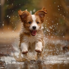 A puppy jumping in a puddle