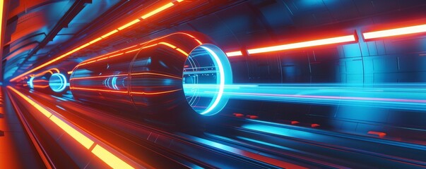 A high-speed hyperloop tunnel illuminated with dynamic lighting, side view, expressing speed and modernity, technology tone, Split-complementary color scheme