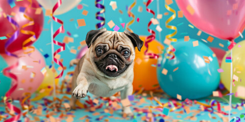 Happy Pug Celebrating with Colorful Balloons and Confetti at a Festive Party