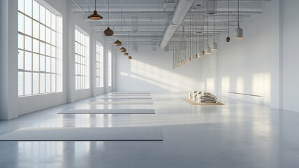 Obraz premium Modern Zen Escape: Empty Yoga Studio with Greenery and Soft Lighting