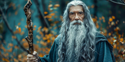 Enigmatic Elder with Carved Wooden Staff in Mystical Forest