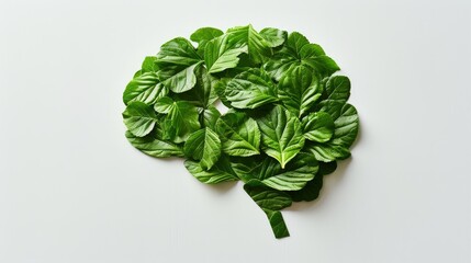 A human brain made of green leaves, illustrating the concept of ecofriendly thinking and sustainability