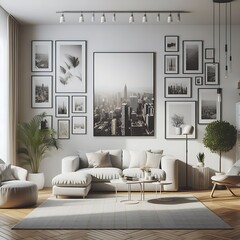 A living Room with a mockup poster empty white and with a couch and pictures on the wall art realistic used for printing harmony.