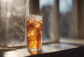 A frosted glass of iced tea on a sunlit windowsill
