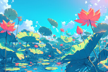 Lixia solar term national tide landscape illustration, summer lotus pond scene illustration
