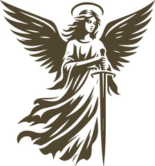 Angel holding a sword in vector stencil design