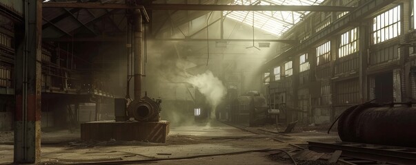 Abandoned warehouse interior Dim lighting with floating dust particles, eerie shadows casting over old, rusted machinery