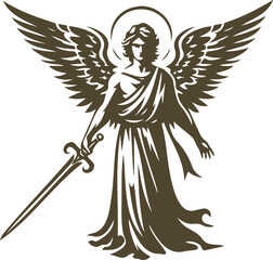Vector stencil of an angelic figure wielding a sword