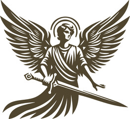 Angel with a sword in minimalist vector stencil design