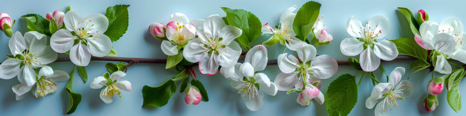 Obraz premium Spring Cherry Blossom Branch with White Flowers and Green Leaves on Light Blue Background