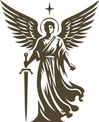 Angel with a sword in minimalist vector stencil format