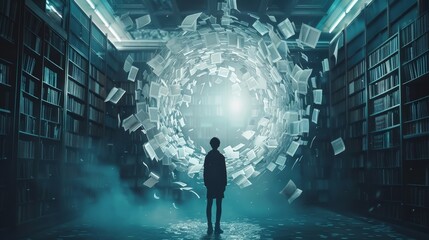 A person standing in a library, with book pages flying around and forming a halo, symbolizing knowledge and enlightenment