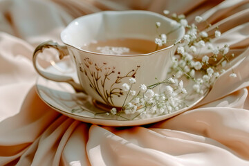 Elegant Floral Teacup with Baby's Breath on Silky Satin Background