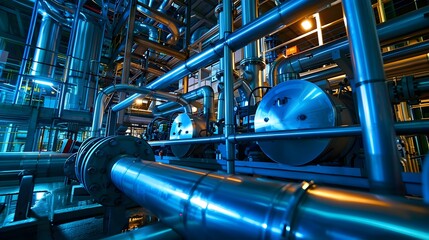 detailed view of a complex industrial pipes and machinery