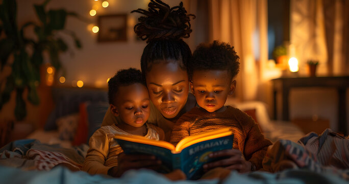 Mother tenderly reading a bedtime story to her children under candlelight, summer concept vacation concept holidays