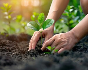 Fototapeta premium Close-up of hands planting a young tree in fertile soil, soft focus on the background, symbolizing hope and restoration efforts