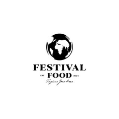 Food festival logo, with fork, spoon and world map as design symbols