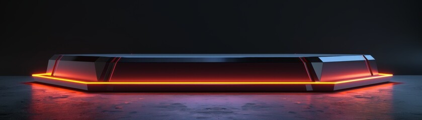 Dark reflective podium with neon edges Futuristic black podium with glowing neon edges, offering a vibrant contrast for modern tech gadgets