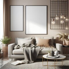 A living Room with a mockup poster empty white and with a couch and a coffee table art card design meaning lively harmony.