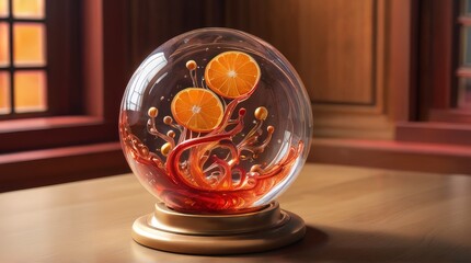 Neumorphism and Glassmorphism Blend: Stunning Glass Display Case in a Chic Living Room with Orange and Red Accents