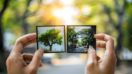 hands holding up two square photographs against a natural backdrop comparing past and present